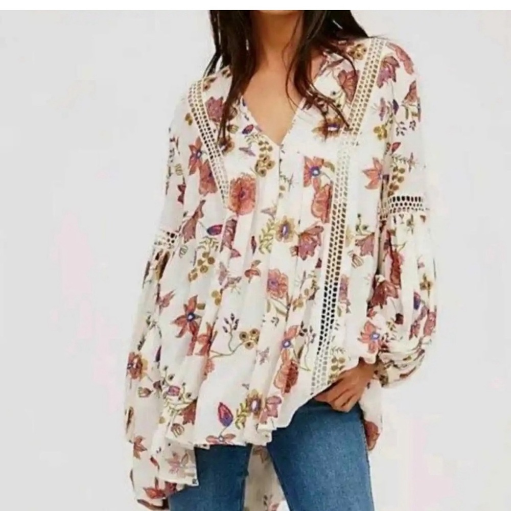 Free People Just The Two Of Us Printed Floral Tunic Top Size XS